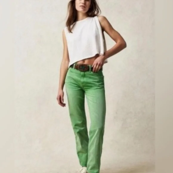 Free People The Pacifica High Rise Slim Straight Leg Jeans in Kelly Green.Sz 27