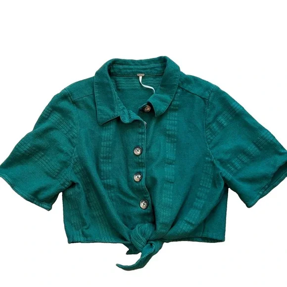 Free People Anthropologie Linen Blend Tie Front Crop Top Size Small Hunter Green