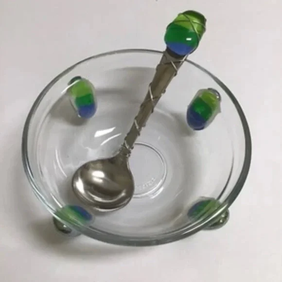 Art Glass Condiment Dish Blue Green Pebble Wire Wrapped Spoon Sea KIG Indonesia