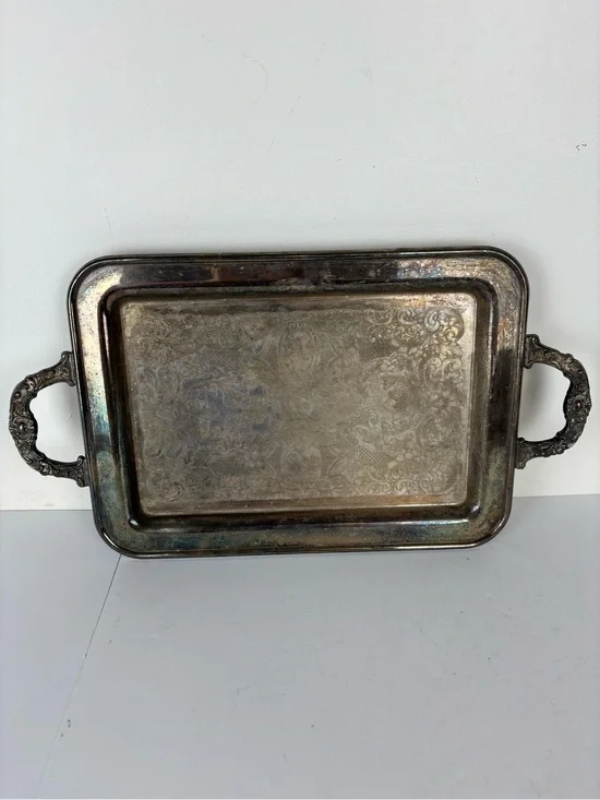 Vintage Ornate Decorative Serving Tray in Distressed Silver Tone