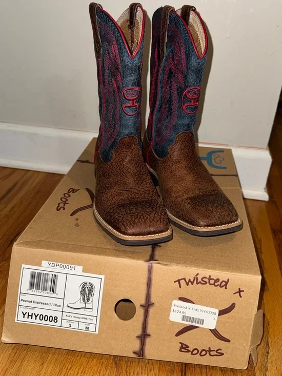 Twisted X Kids Peanut Brown & Blue Western Boots size 3‎