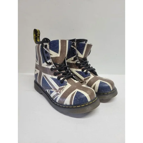 Dr. Martens Delaney Kids Union Jack Flag Boots Brown Blue‎ AW004 US 11 UK 10