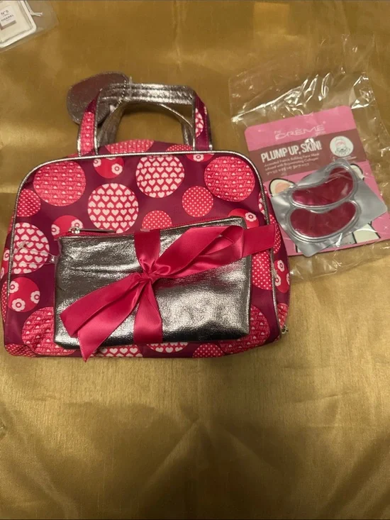 Heart Print Pink Cosmetic Bag with Metallic Pouch and Ribbon