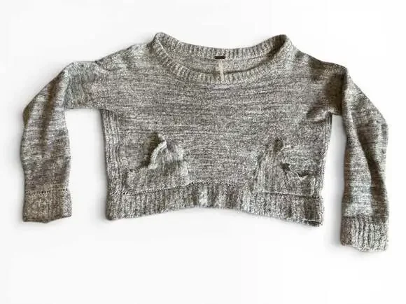Free People Cropped Textured Knit Sweater Size S Gray Marled Crewneck Wool Alpac