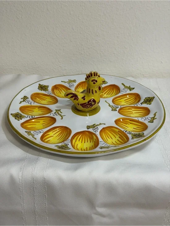 Vintage Devilled Egg Plate With Chicken Handle Hand Painted Ceramic Core Cottage