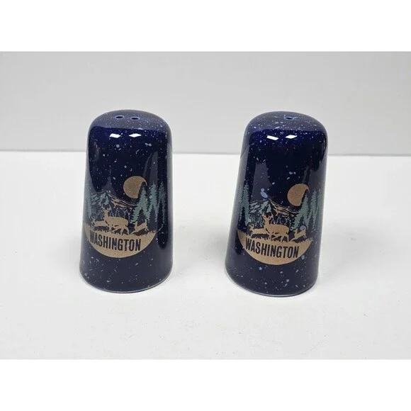 Washington State Salt Pepper Shakers Dark Blue Ceramic Rounded Top