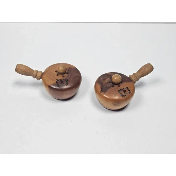 Vintage Wood Pot Pan Salt Pepper Shakers