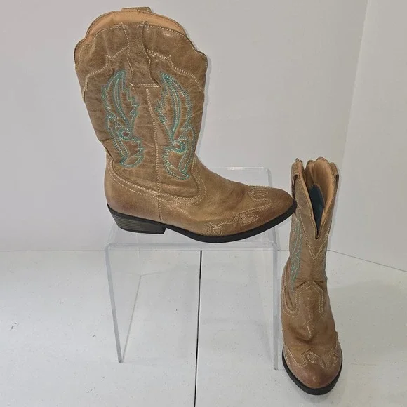 Flex West Liberty Kids Tan Western Cowgirl Boots Teal Embroidery Size 2M AB252