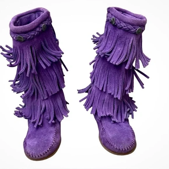 Minnetonka 3-Layer Fringe Purple Suede‎ Moccasin Boots 2654S Womens 13 Kids 13