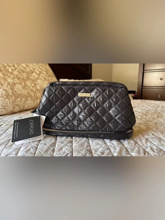 Joan & David Quilted Black Leather Cosmetic Pouch with Gold Plaque