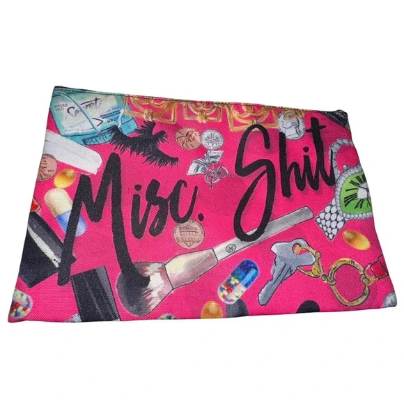 Misc Shit Pink Canvas Graphic Pouch Makeup Bag Zipper Clutch Eclectic Print