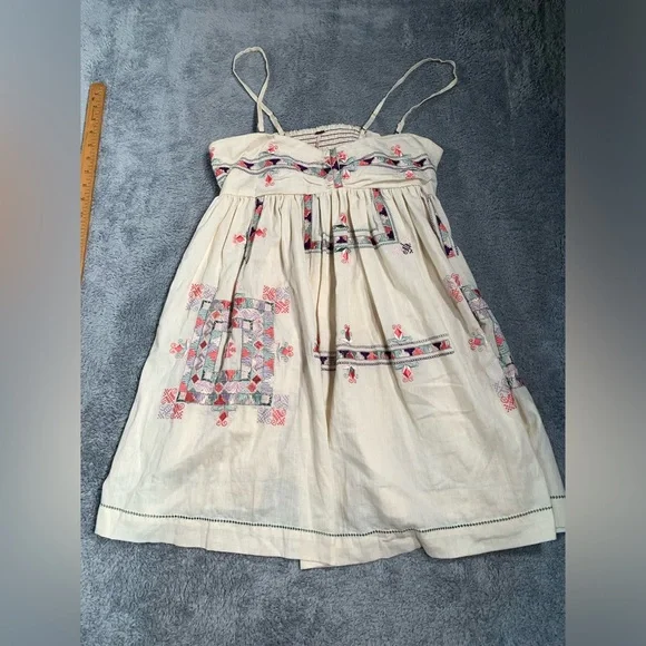 Free People Cream Mini Dress with Pink & Green Embroidery