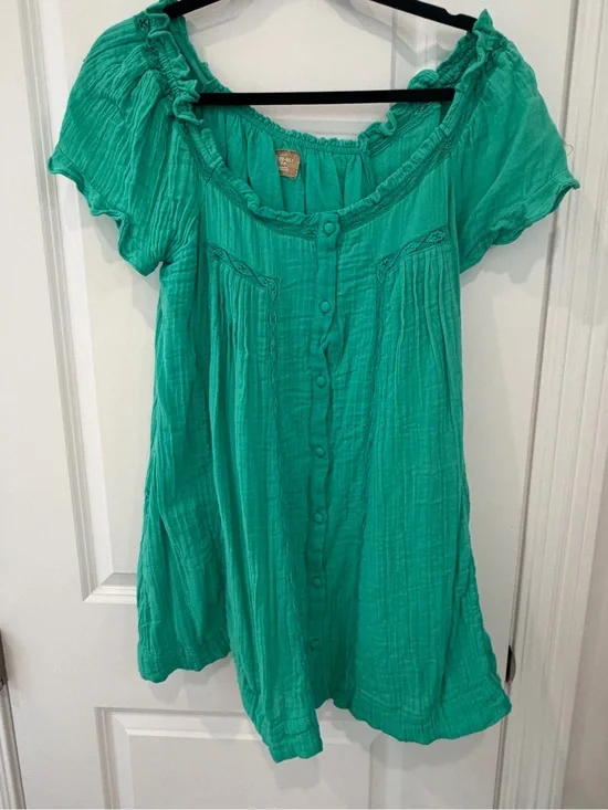 Free People Teal Green Button-Front Mini Dress