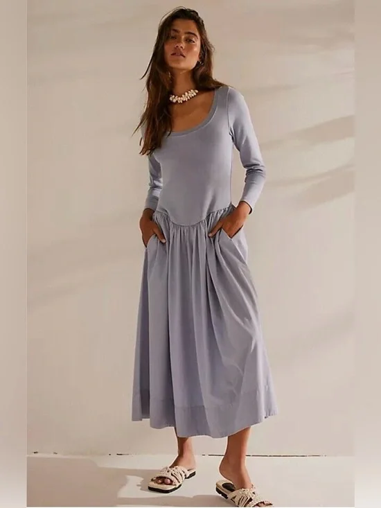 Free People Aelia Drop-Waist Midi Dress In Blue Size Small