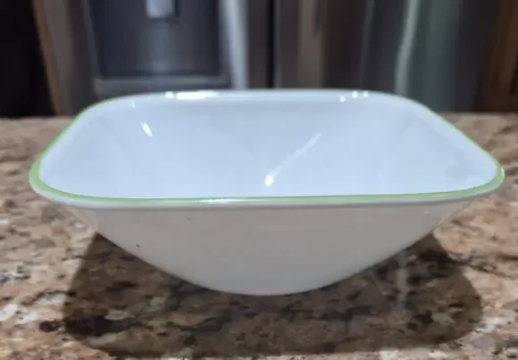 Corelle Soup/Cereal Bowl (Qty 1) White With Green Rim Square Shape