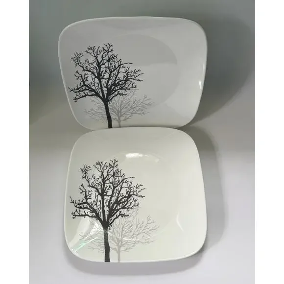Corelle‎ Set Of 4 Tree Shadows 10.5”Square Large Dinner Plates Black Gray Nature