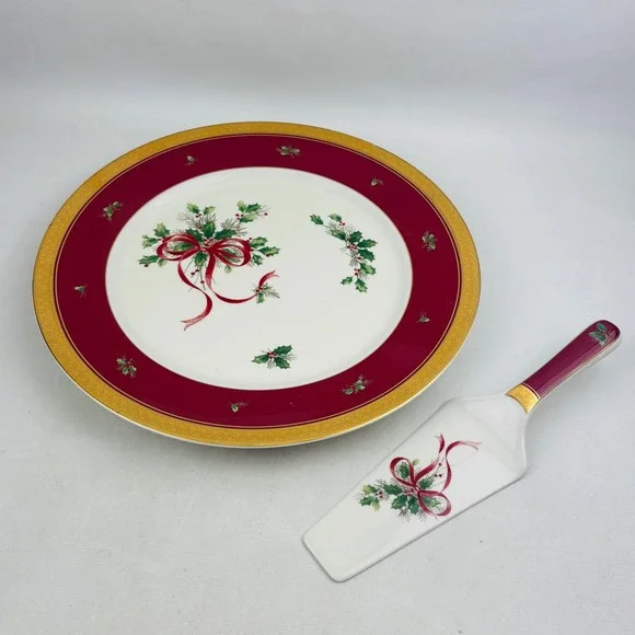 Mikasa Palatial Holly Gold Cake Plate & Server Red Gold Trim Holidays Christmas
