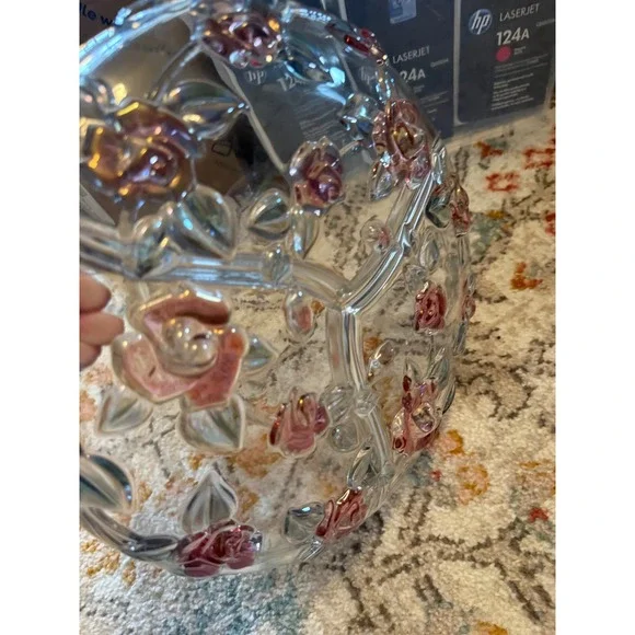 Vintage Style Pink Embossed Rose Iridescent Glass 3 Section Divided Serving Tray