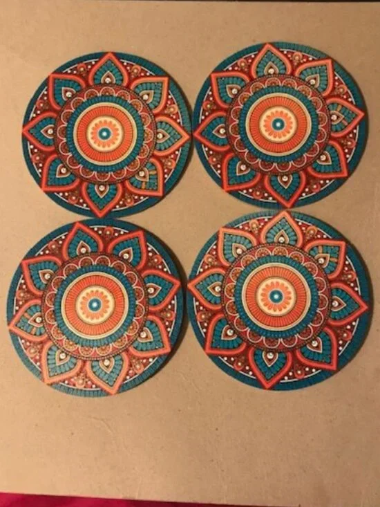 Wooden 4 pc Lotus Mandala Coaster Set Purity Geometric Pattern India 106