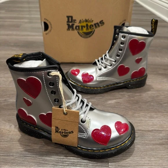 Dr Martens 1460 J Silver Metallic Bright Red Patent Lamper Cosmic Glitter Boots
