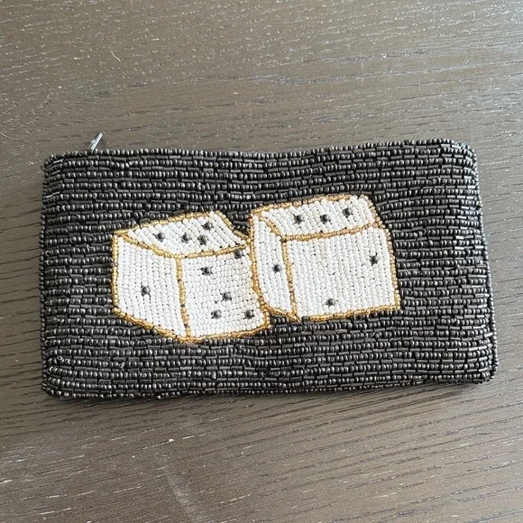 Beaded Dice Design Cosmetic Travel Bag - Black and Gold