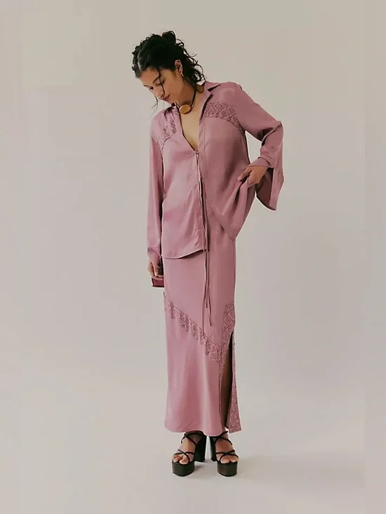 FREE PEOPLE Lucia Tie Top & Maxi Skirt Set in Nostalgia Rose NWT
