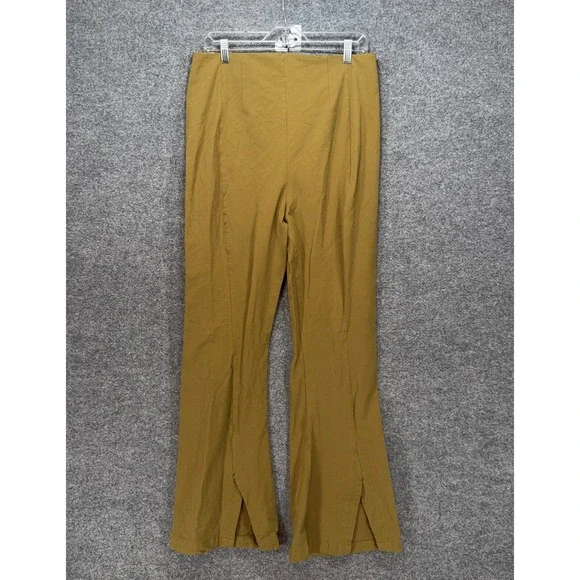 Free People Flare Pants Women XL Mustard Yellow Split Hem Boho High Rise Stretch