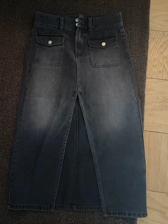 Free People Black Washed Denim Midi Skirt with Front Slit