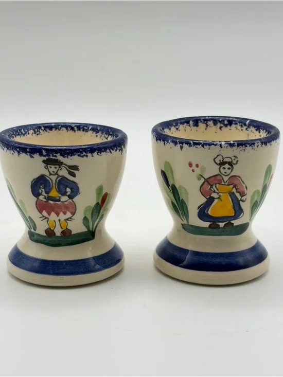Vintage French Quimper Faience Egg Cups 2 Pc Hand Painted Folk Art Cottagecore