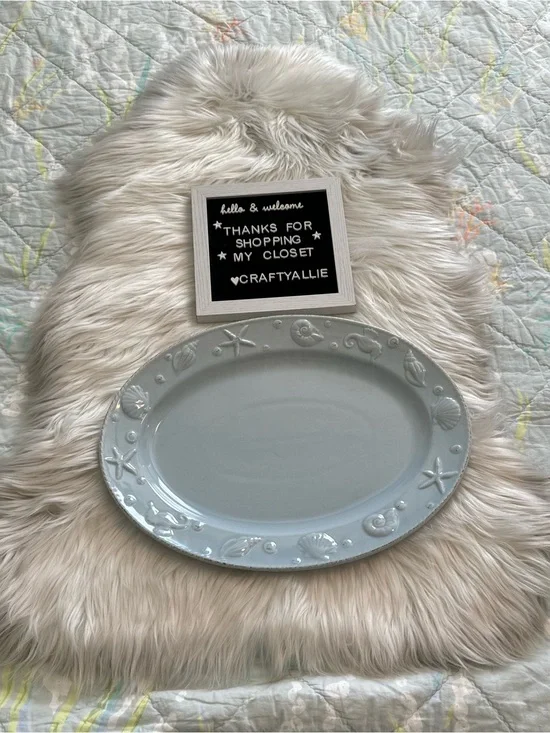 Vintage Nantucket Home Pale Blue Oval Sea Life Embossed Serving Platter