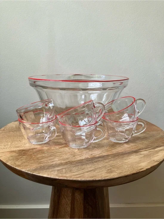 Duralex | Vintage 1950s MCM Red Rim Punch Bowl Set with 6 Clear Glass Cups