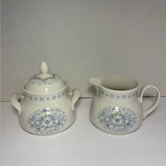 Royal Doulton Blue Floral Sugar Bowl With Lid and Creamer Set Grannycore