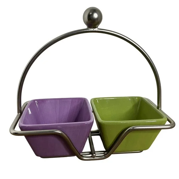 Purple and Green Ceramic Double Condiment‎ Server with Silver Metal Carry Handle