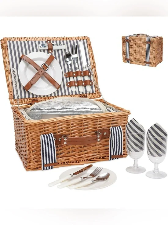 Wicker Picnic Basket Set with Navy Stripe Lining