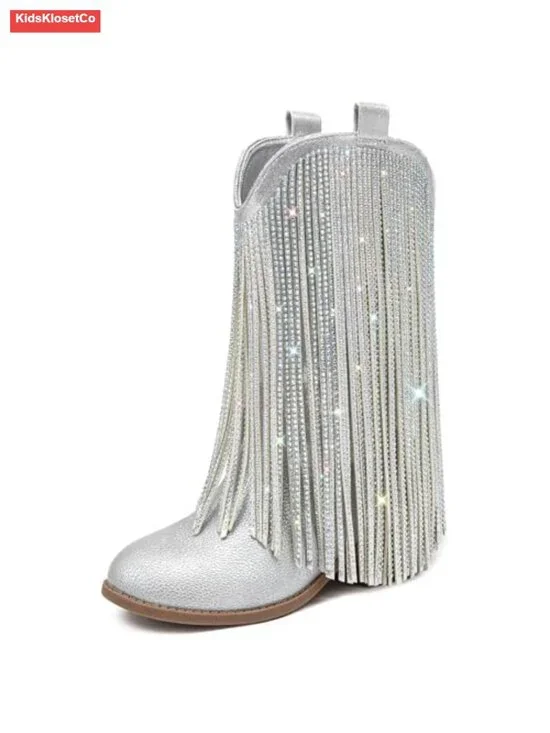 Rhinestone Fringe Cowgirl Boots - Sparkly PU Western Boots with Tassel