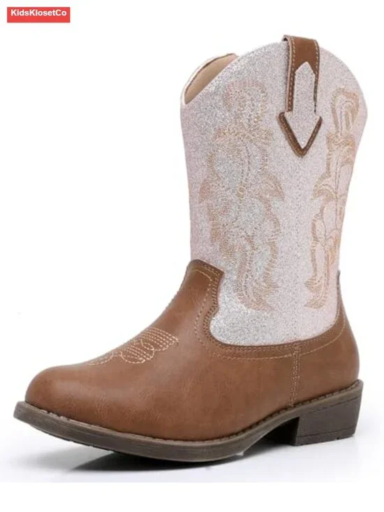 Girls Cowboy Boots Side Zipper Embroidered Western Style Sparkly Glitter