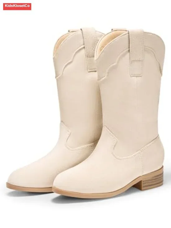 Kids Faux Suede Western Cowboy Boots Pull-On Mid Calf