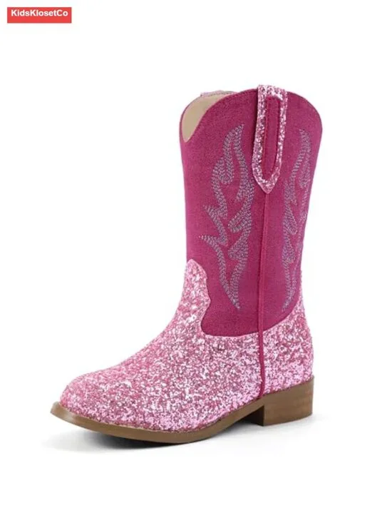 Toddler Girls Cowgirl Boots Mid Calf Western Riding Shoes with Embroidery
