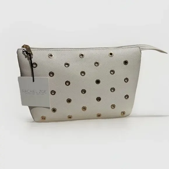 Rachel Zoe Cream Cosmetic Pouch With Gold Gommets Makeup Bag