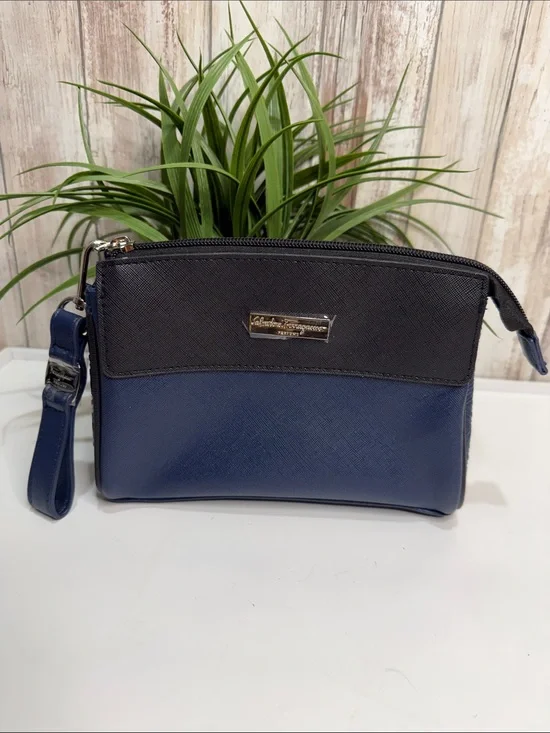 Salvatore Ferragamo Navy and Black Leather Cosmetic/Toiletry Travel Wristlet