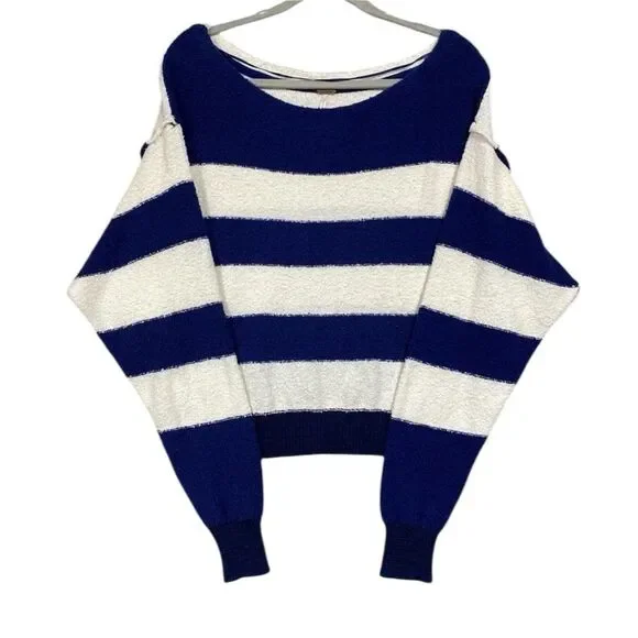 Free People Candyland Pullover Navy Striped Boat Neck Sweater Top Size L