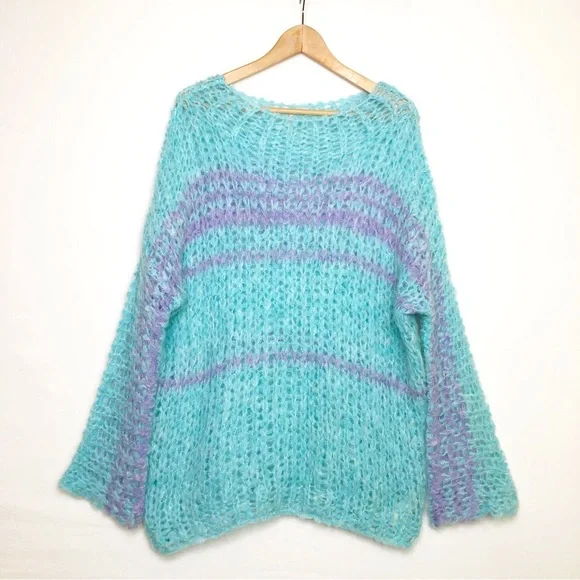 Hand-Knit Aqua & Lilac Striped Cozy Sweater