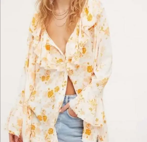 Free People Loretta Printed Oversized Ruffle Bell Sleeve Tunic Top in Tea Combo