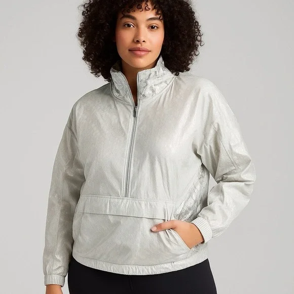 Free People Movement Crop Jacket L‎ Silver Snake Print Metallic Pullover