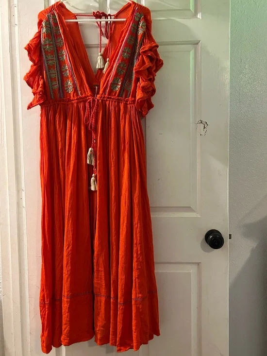 Free People Orange Embroidered Ruffle Sleeve Maxi Dress