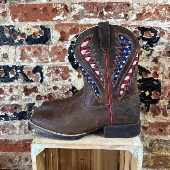 Ariat Sport Patriot Brown Leather American Flag Western Boots US 5 Boys Youth
