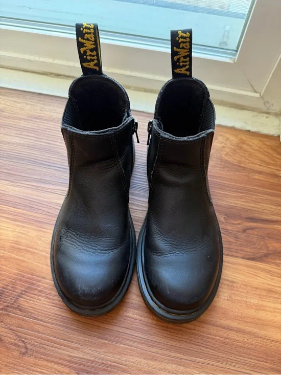 Dr. Martens Kids Black Leather Zip Chelsea Boots with Yellow Heel Loop