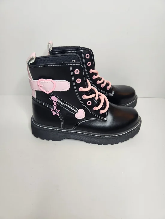 Kids Black Combat Boots with Pink Heart Accents