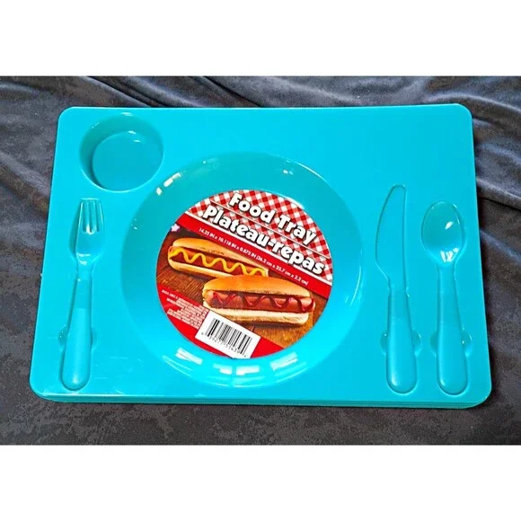 6 Pack Reusable Teal Plastic Food Trays w/ Built-In Plate Area & Cutlery