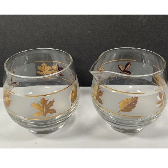 Libbey Glass Creamer Sugar Bowl Set Frosted Leaf Design Gold Trim Retro Vintage